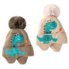 KIDS6243-2: Baby Fleece Lined Pom Hat With Dinosaur Embroidery (3-12 Months)